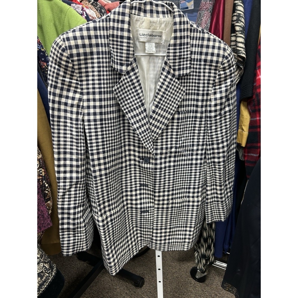 Vtg Liz Claiborne Black White Buffalo Check Plaid Blazer Sz M Petite Linen Blnd